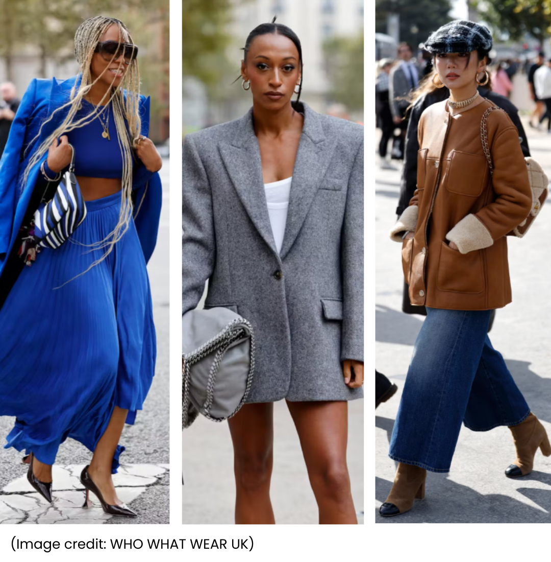 Image of three blazers in vibrant blue, classic grey and caramel brown